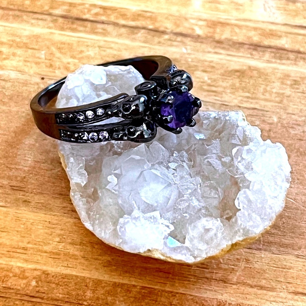 14k Black Gold Filled Purple Topaz Stone Skull Ring Gothic Statement Ring-Size 7